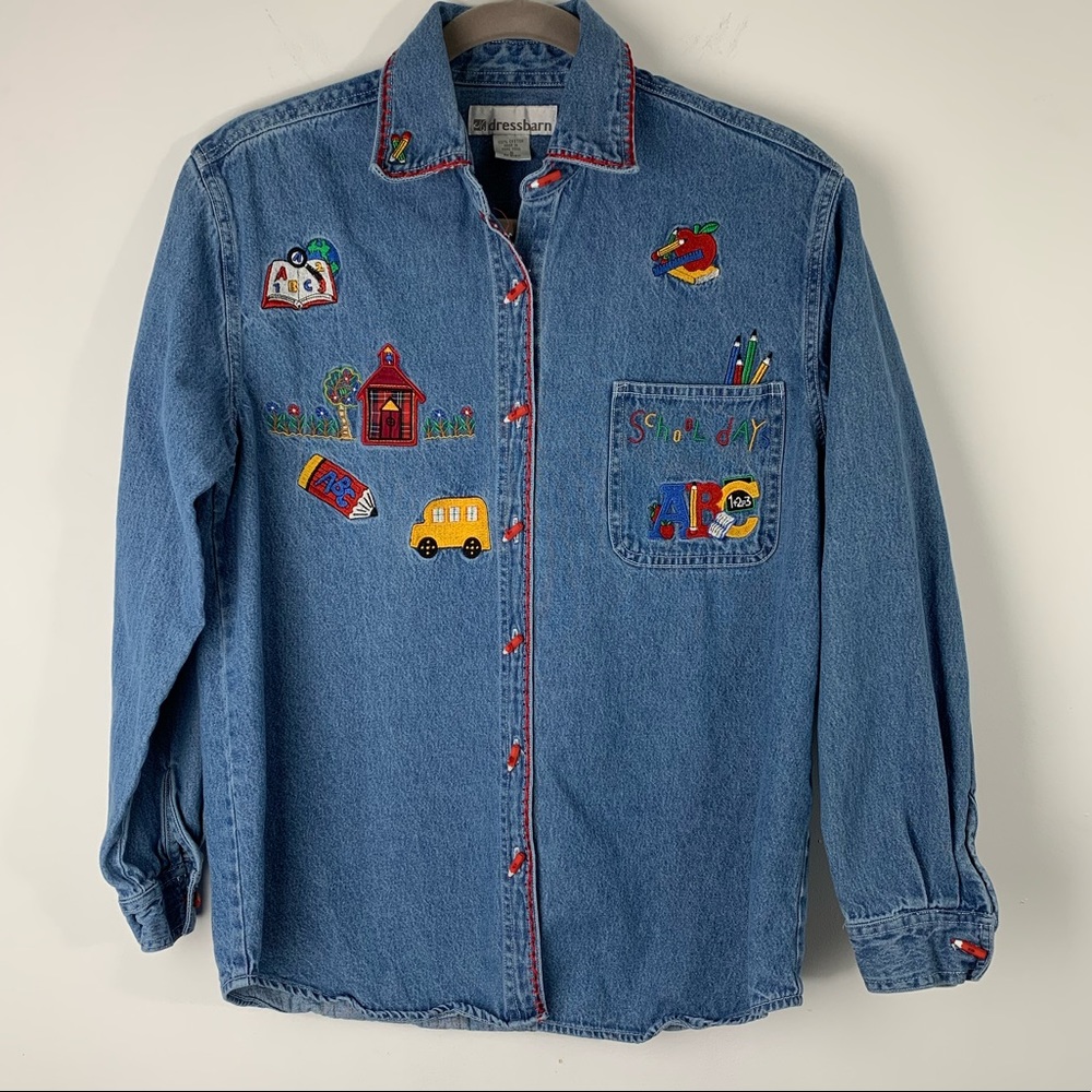 Vintage School Teacher Denim Button Up Shirt Small - Picture 1 of 11